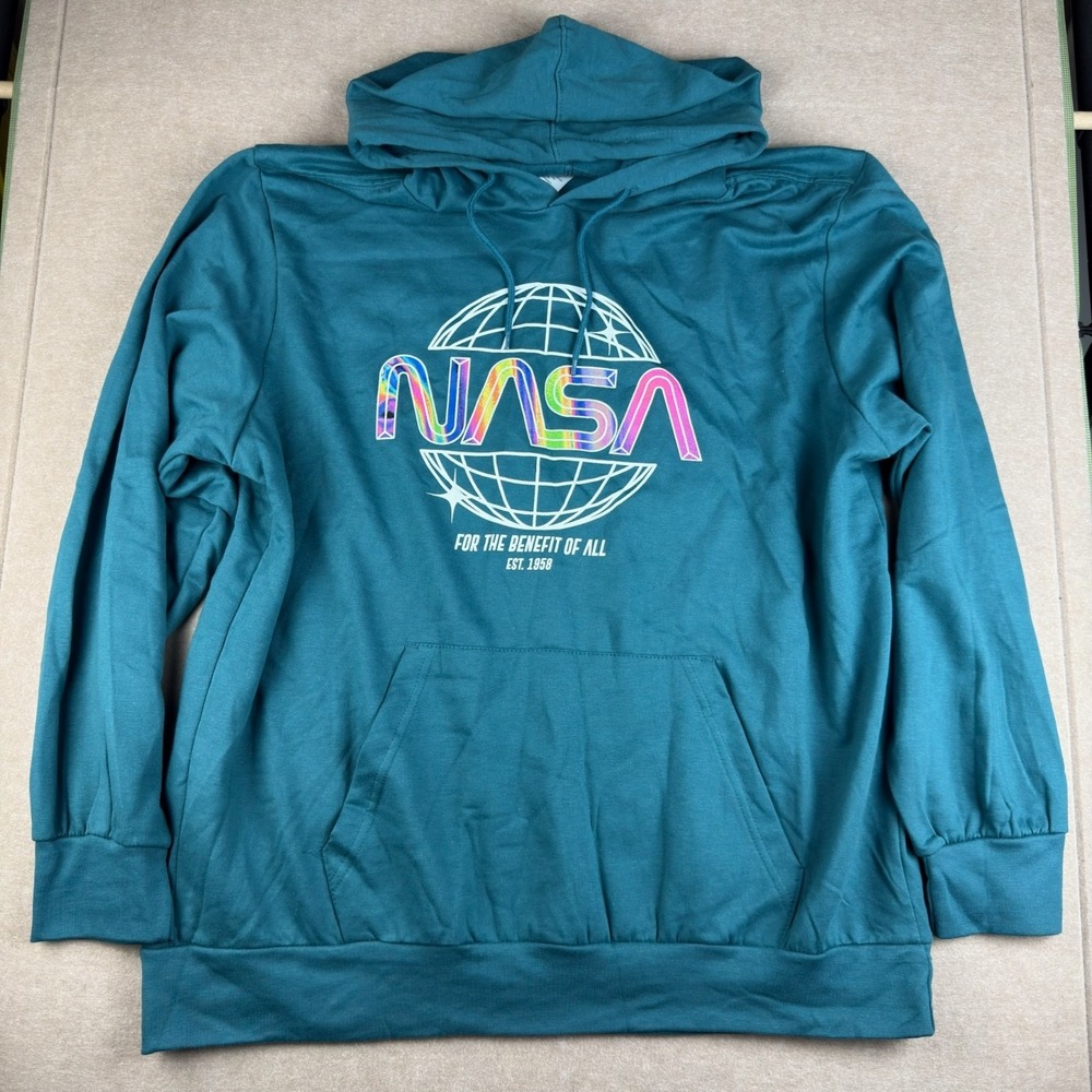NASA Hoodie Unisex XL Teal Graphic Pullover Streetwear Space Logo